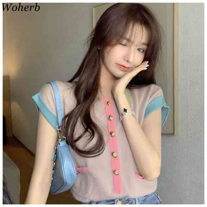 Summer Thin Tee Short-Sleeved Contrast Color Patchwork Knit Cardigan Chic All Match Tops Casual Gentle T-shirts 210519