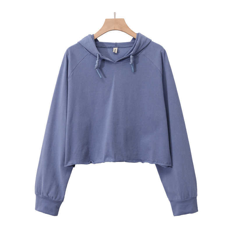 100% Cotton Solid Women's Crop Hoodie Thin Spring Autumn Long Sleeve Ladies Oversized Streetwear Pullover Sweatshirt M30624 210526
