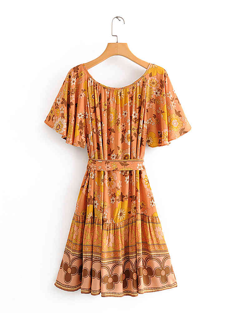 beauty Boho Fashion Floral Print O-neck Midi Dress Women Holiday Chic Sashes Summer Dresses Mujer Vestido De Moda 210514