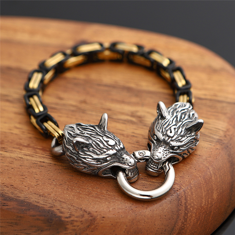 Norse Viking Wolf Head Bracelet Men Never Fade Stainless Steel Gold Square King Chain Bangles Street Culture Accessories Jewelry