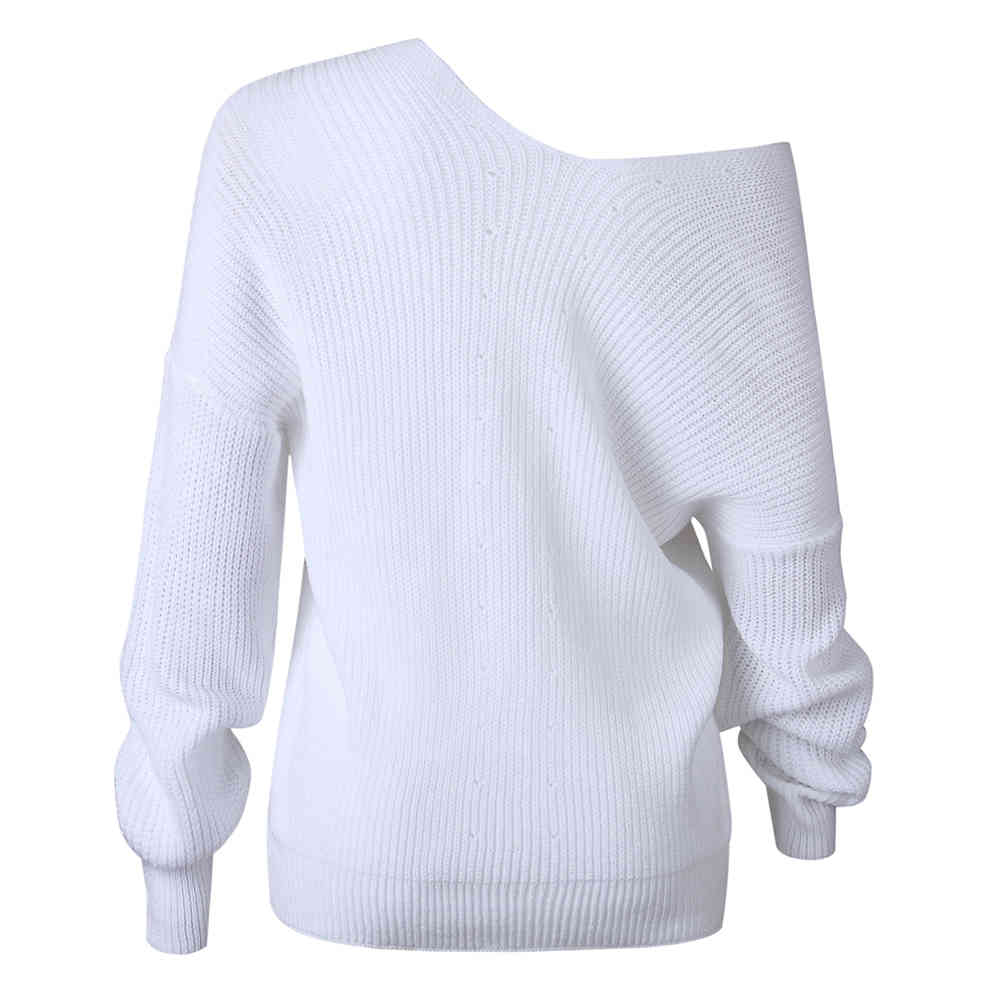Women Fall Long Sleeve V Neck Knitted Cross Criss Striped White Sweater Causal Off Shoulder Loose Pullovers Jumper 210428