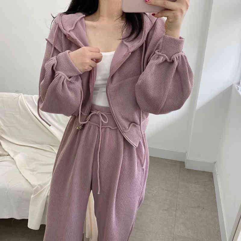 Nomikuma Causal Women Two Pieces Sweat Sets Short Hooded Sweatshirt Coat + Lace Up High Waist Wide Leg Long Pants Suits 6C719 210427