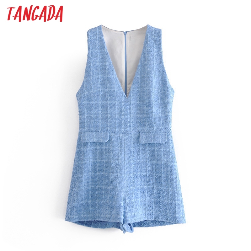 Women Vintage V Neck Tweed Playsuits Back Zipper Sleeveless Rompers Ladies Casual Chic Jumpsuits 3H74 210416