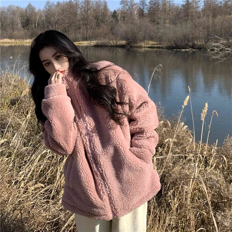 3 colors autumn and winter korean style stand collar solid color lamb wool thick warm coats and jackets womens (C2956) 210423