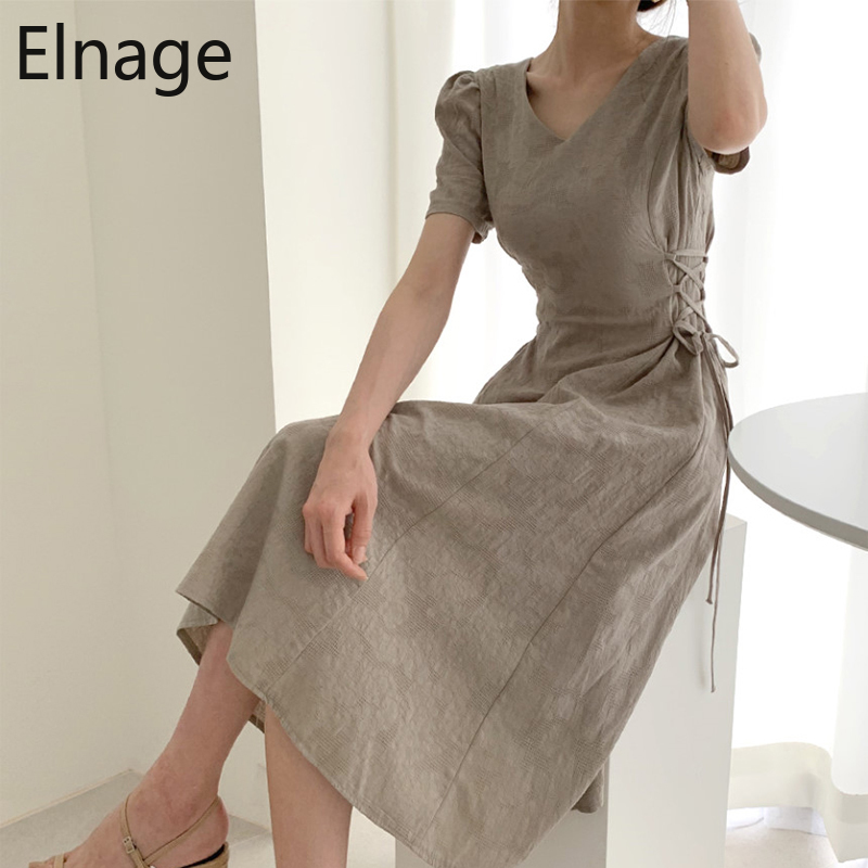 Korean Temperament Pattern V-neck Slim Side Lace Up Maxi Dress Women Short Sleeve Summer Dresses Cotton and Linen Robe 5B083 210429