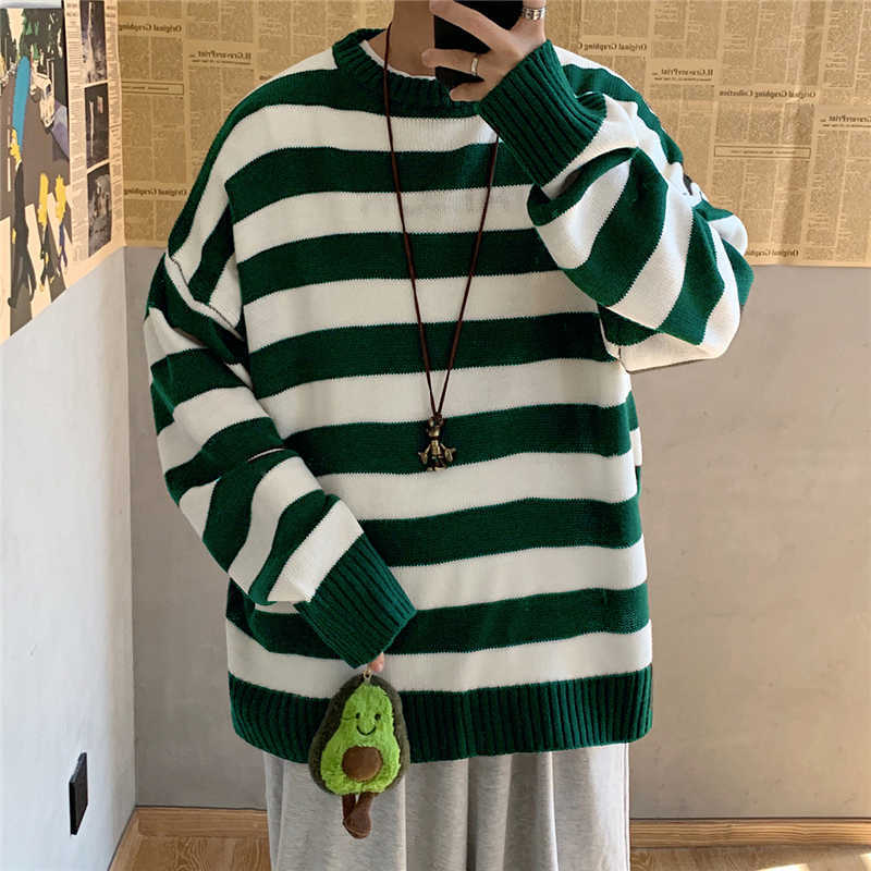 FOJAGANTO Men's Autumn Round Neck Sweater Korean Loose Casual Oversize Knit Pullover Youth Trend Fashion Striped Sweater Men 210818