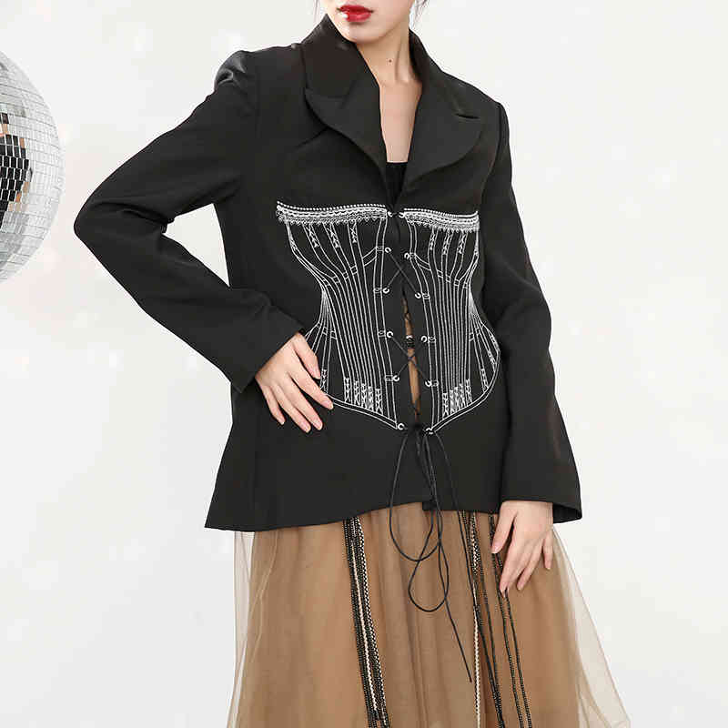 [EAM] Women Black Bandage Shaped Blazer Lapel Long Sleeve Loose Fit Jacket Fashion Spring Autumn 1DC4090 210512