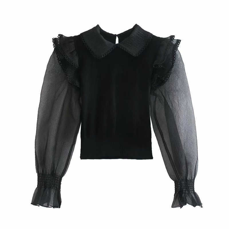 Za Organza Knit Blouse Women Transparent Long Puff Sleeve Ruffle Black Top Female Chic Back Opening Vintage Shirts 210602
