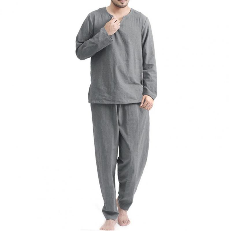 Sleepwear Plus Men's Size Men Pajama Set Solid Color Autumn Winter Long Sleeve Tops Loose V Neck Casual Male Pajamas Suit Sl