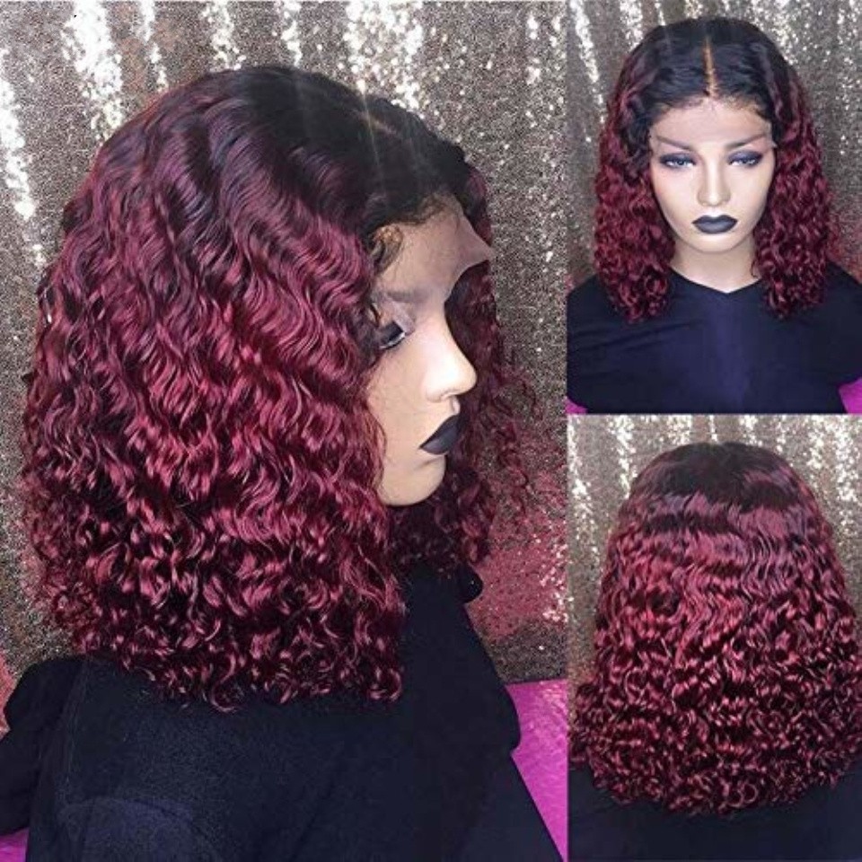 1B/99J Burgundy Red 13x4 Brazilian Full Wigs Pre Plucked Ombre Brown Short Bob Kinky Curly Synthetic Lace Front Wig 150 Density