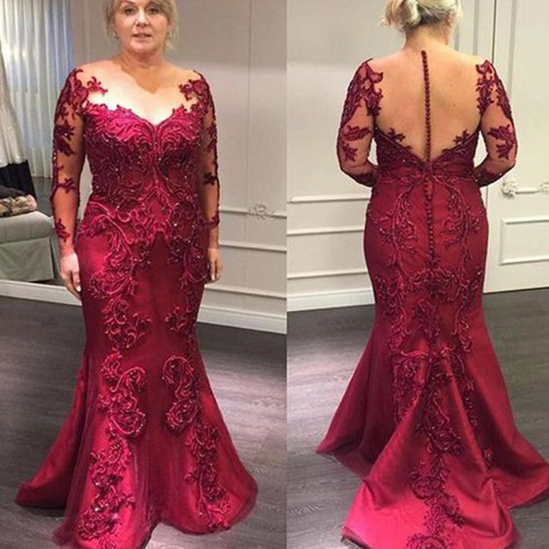 Full Length Burgundy Lace Mother of the Bride Dresses Long Sleeves Illusion Neck Wedding Party prom Gowns Mermaid