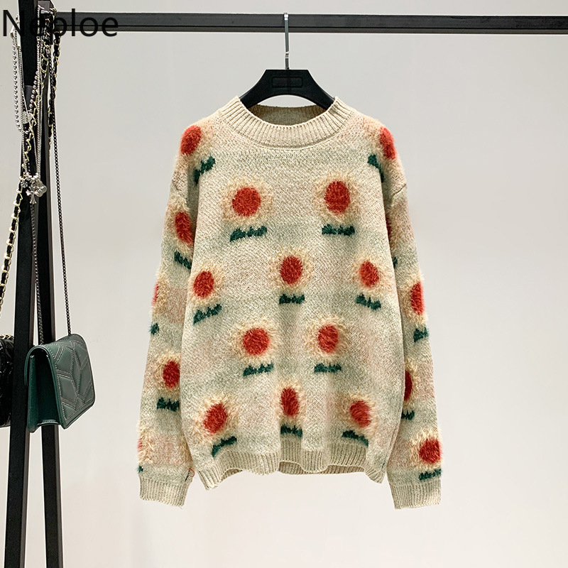 Neploe Vintage Woman Sweaters Jumper Chic Sweet Furry Sunflowe Knitted Pullovers Coat Women Oversized Outwear Pull Femme 4H168 210422
