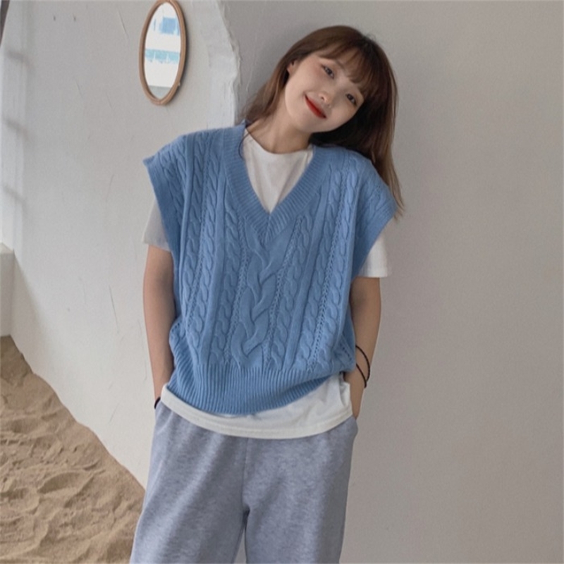 Women Vest Sweater Fashion Knitted Loose Vintage Female Twist Waistcoat Chic Tops All Match Clothes Outfit 210422
