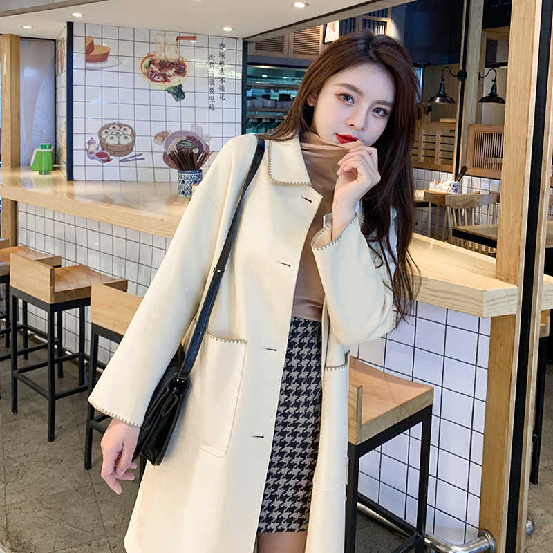 Fashion Women Casual Thin Coat Spring Autumn Elegant Fashion Long Sleeve Lapel Neck Woolen Trench Coat 210930