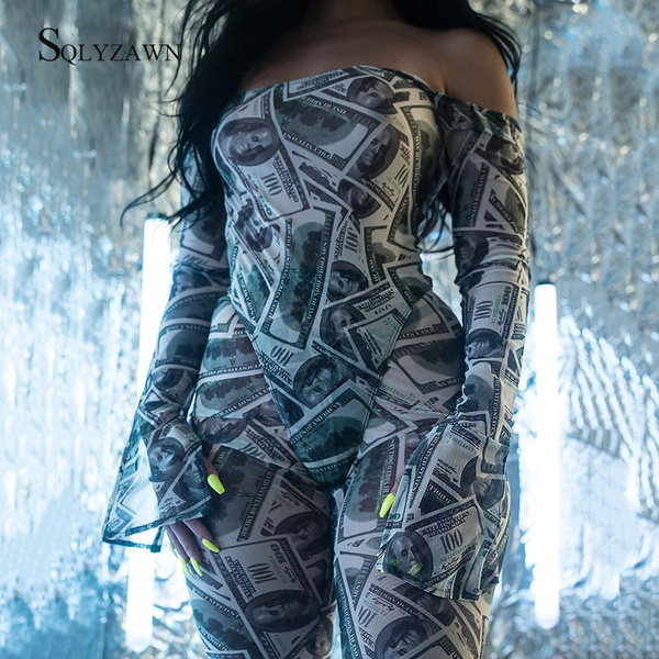Sexy Transparent Money Print Bodycon 2 Piece Set Off Shoulder Bodysuit + Pants Gothic Party Club Dollar Pattern Suit Plus Size Y0625
