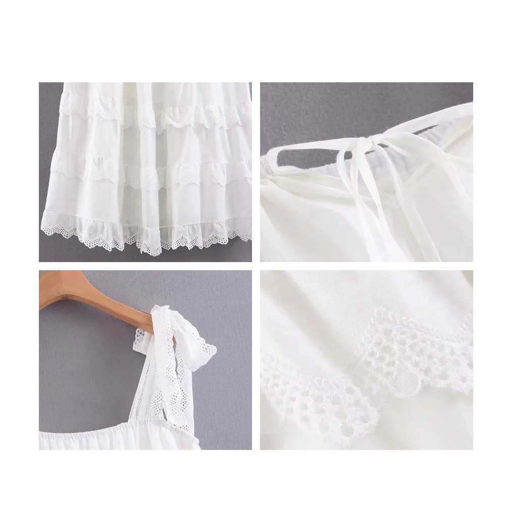 Women Vintage White Maxi Long Dress Elegant Strap Cascading Backless Ruffle Loose Midi Dress Casual Sweet Lace Vestidos 210518