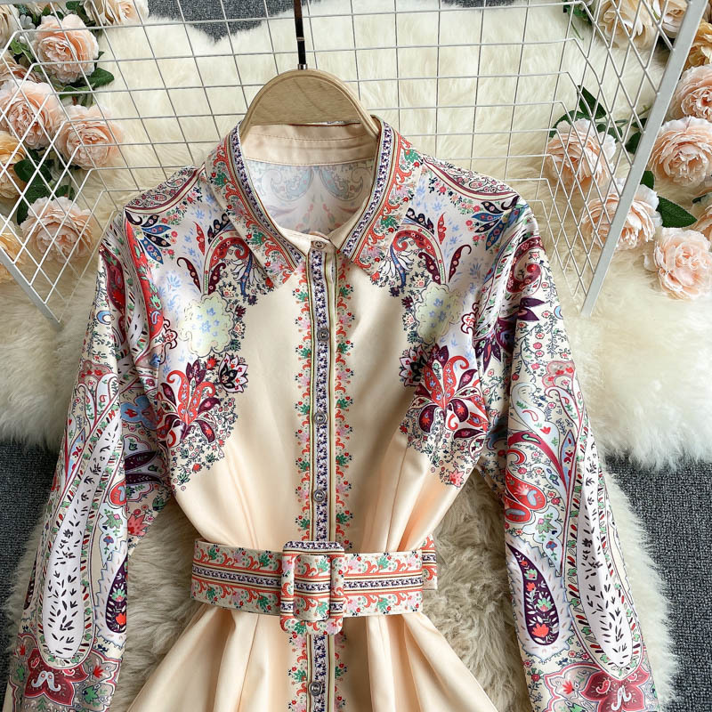 Spring Bohemian Casual A-line Dress Women Retro Print Long Dress Turndown-Collar Long Sleeve Button Sashes Dress 210521