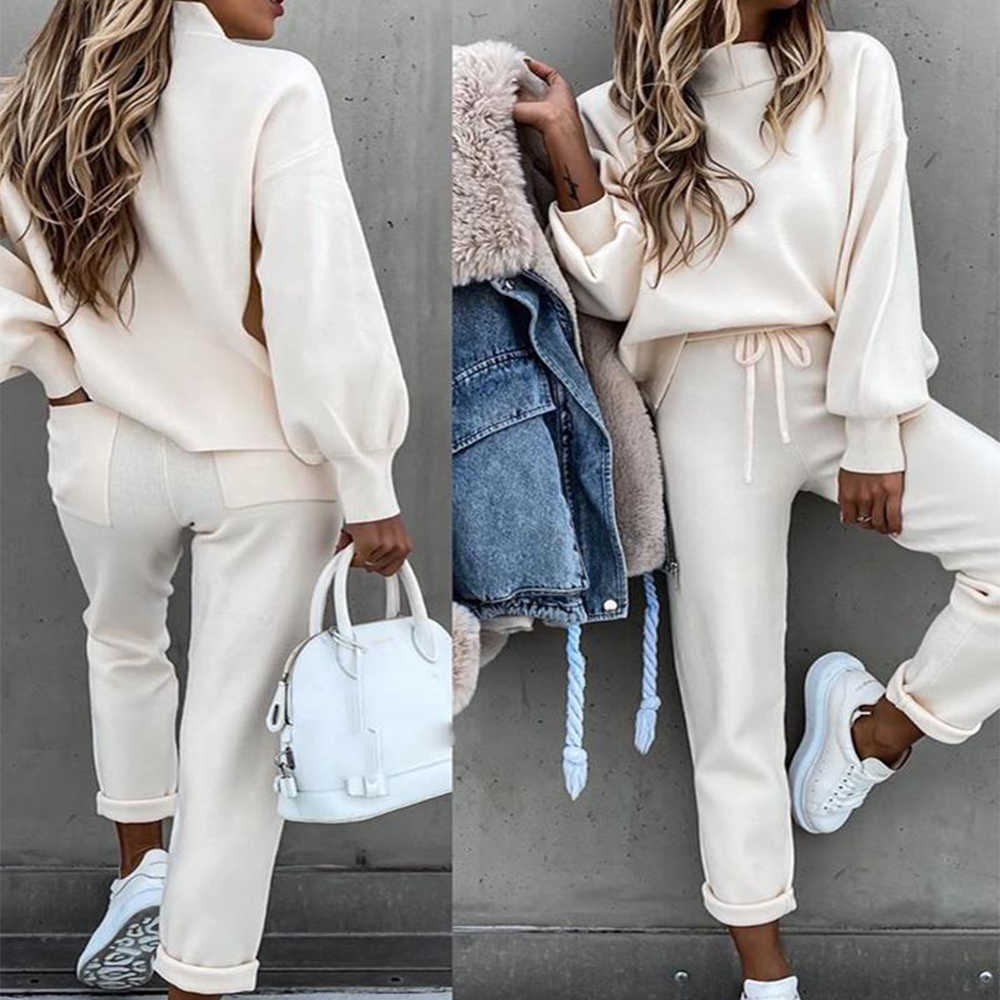 Tracksuit Women Autumn Winter Solid Color Clothing Set Fashion Turtleneck Warm Sweatshirt and Lace-up Pants Two Piece Set D30 Y0625