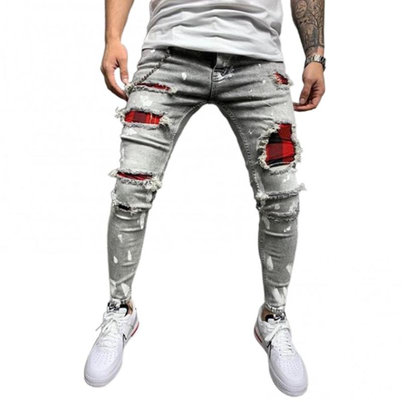 Fashion Men Solid Color Patchwork Skinny Fit Ripped Jeans Stretch Denim Pants Men's