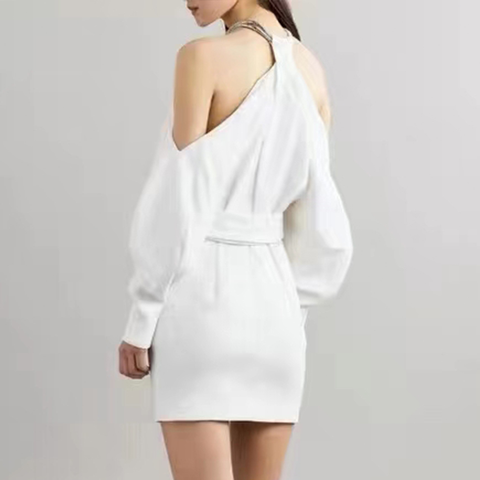 Winter Women Fashion White Halter Club Mini Dress Sexy Long Lantern Sleeve Black Celebrity Evening Party Dresses 210423