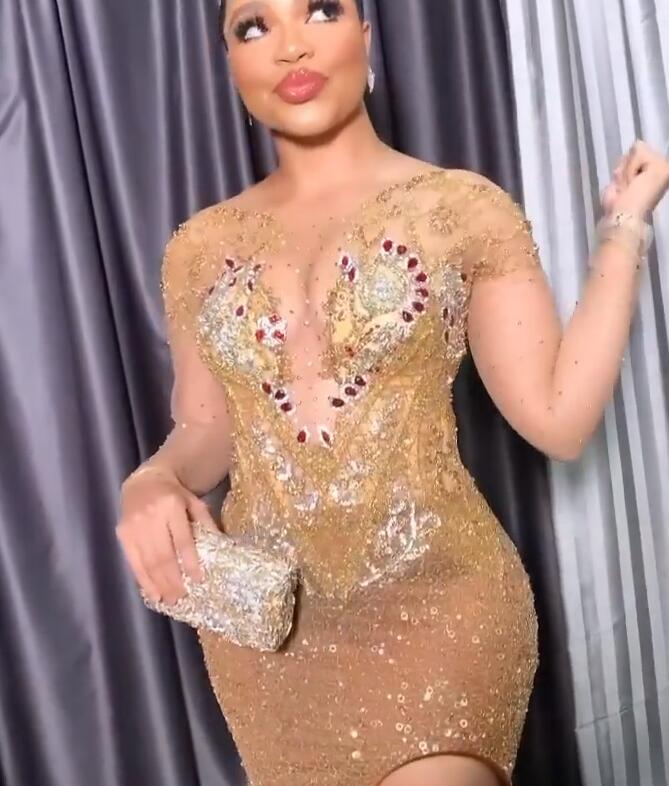 Plus Size Arabic Aso Ebi Luxurious Mermaid Gold Prom Dresses Beaded Crystals Sheer Neck Evening Formal Party Second Reception Gowns Dress ZJ606