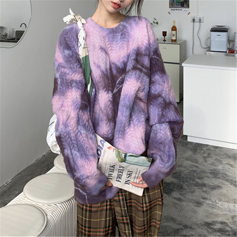 Wonder Vintage Tie Dye Oversize Sweater Warm Thick Purple Pullovers Batwing Sleeve BF Tops Knitted Outwears 210510 - view 6