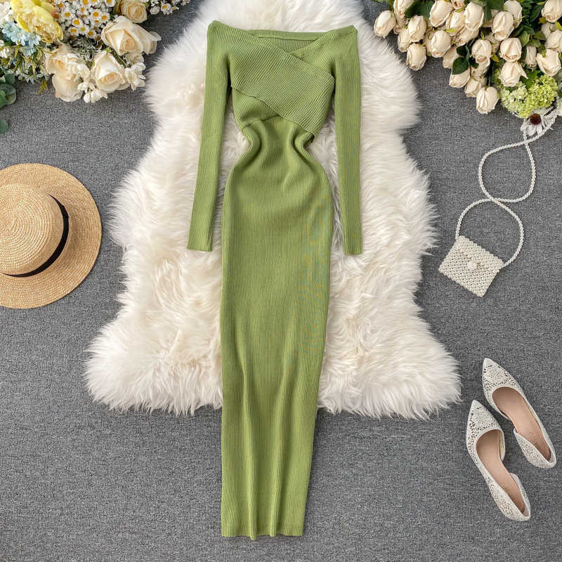 Slim Off Shoulder Cross Criss Autumn Knit Sweater Midi Long Dress Bodycon Party Winter Sexy Women Casual elegant Vestidos