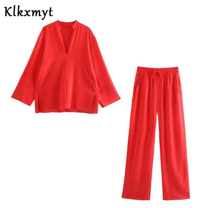 Klkxmyt Za Sets Women Casual Shirt Pants Suit 2 Pieces Blouse Tops And Elastic High Waisted Female Outfit 210527
