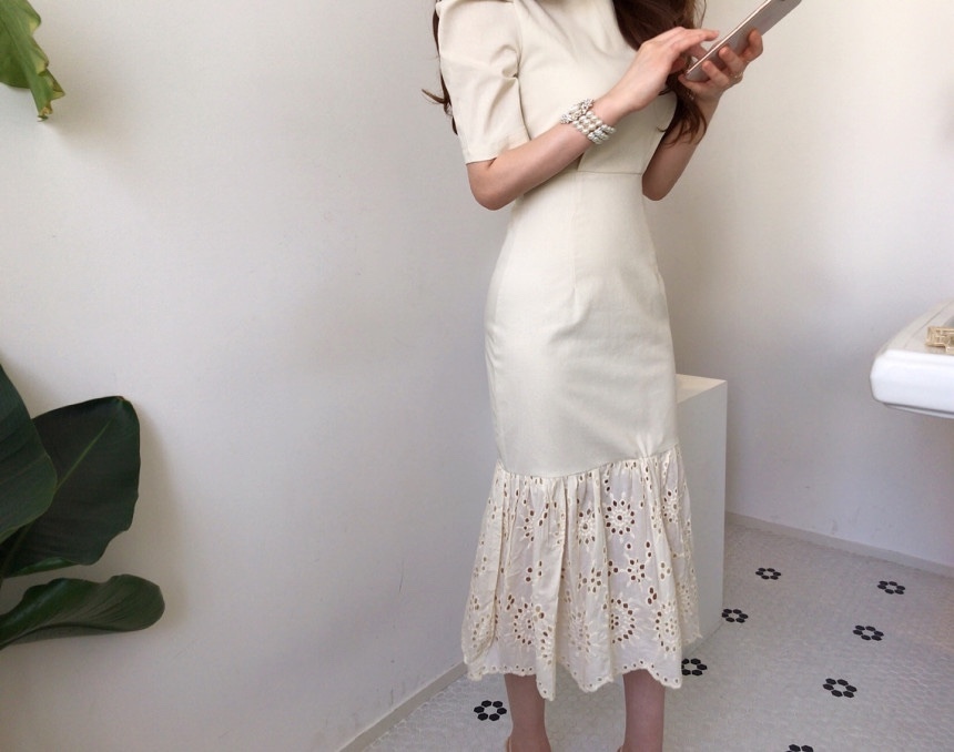Women's Korean Retro Chic Ruffled Mermaid Hem High Waist Slim Puff Sleeve Bodycon Office Lady Dress Fashion 210519