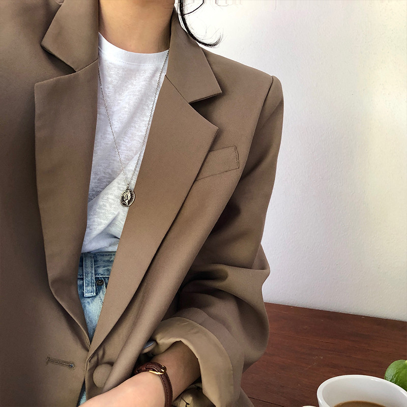 OL Formal Wear Suit Collar Women Blazer Solid Single Breasted Jacket Autumn Long Sleeve Minimalist Blazers Tops 210421