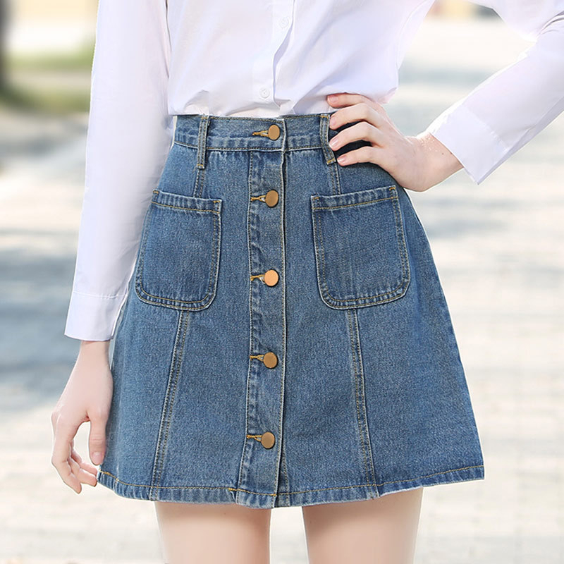 Women Denim Skirt High Waist A-Line Mini S Single Button Pockets Blue Jean Girl…