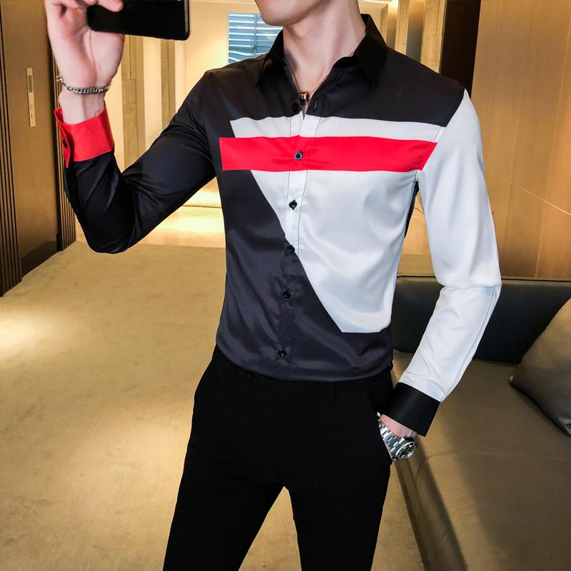 Social Guy Casual Slim Autumn Printing Embroidery Long-sleev Men's Fashion Temperament Inch Shirt Shirts