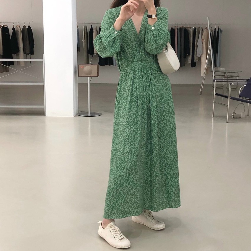 Ink Korean Chic Cross V-neck Floral Dress Long Puff Sleeve Maix Dresses Print Vintage All Match Summer Casual Robe 210519