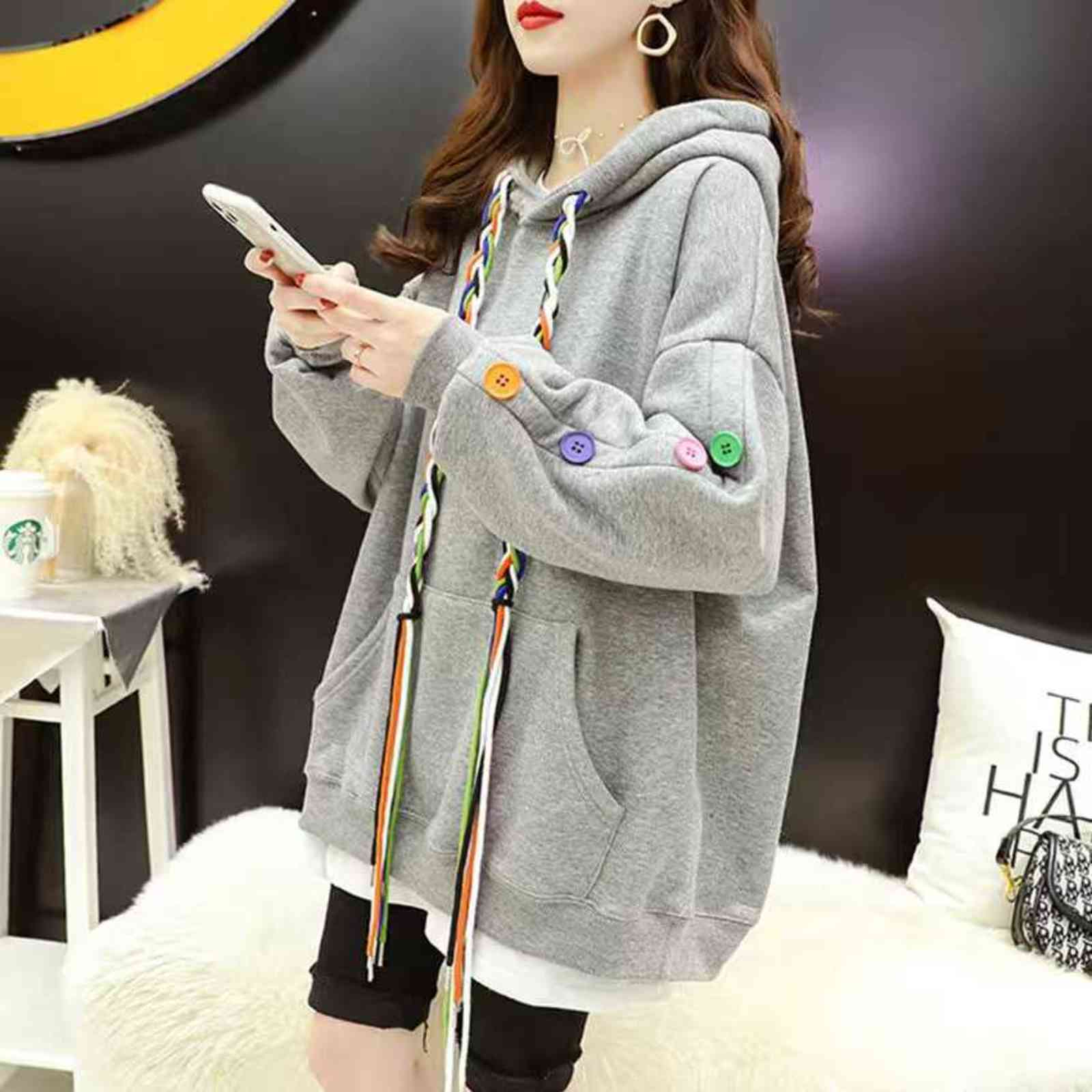 Polar fleece hooded spring and autumn casual hooded sweatshirt loose long sleeve hoodie pullover women's wool hooded top 211109
