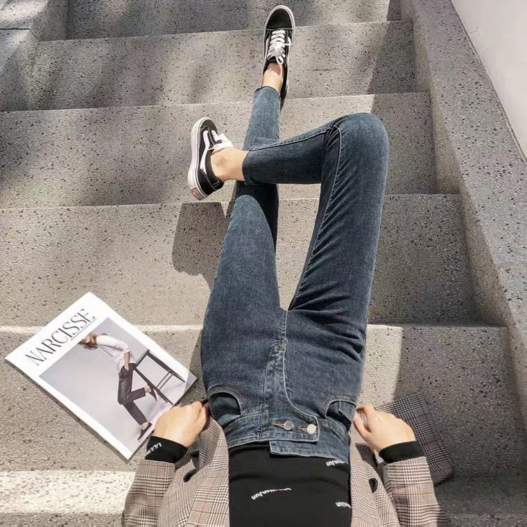 KOG590 Blue, Gray High Waist Jeans Ar / Add Wool] [Female Qiu Dong Joker CultiVate One's MORALITY SHOW Tight Little Feet Nine