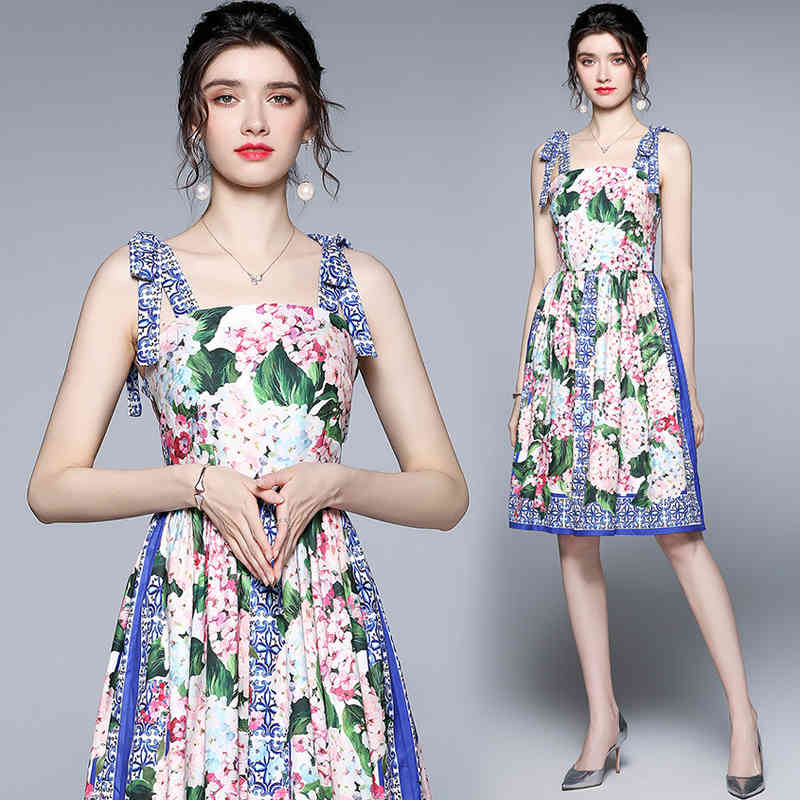 Fashion Summer Boho Dress Women's Spaghetti Strap Blue and white Floral Printed Casual Slim Dress vestidos 210518