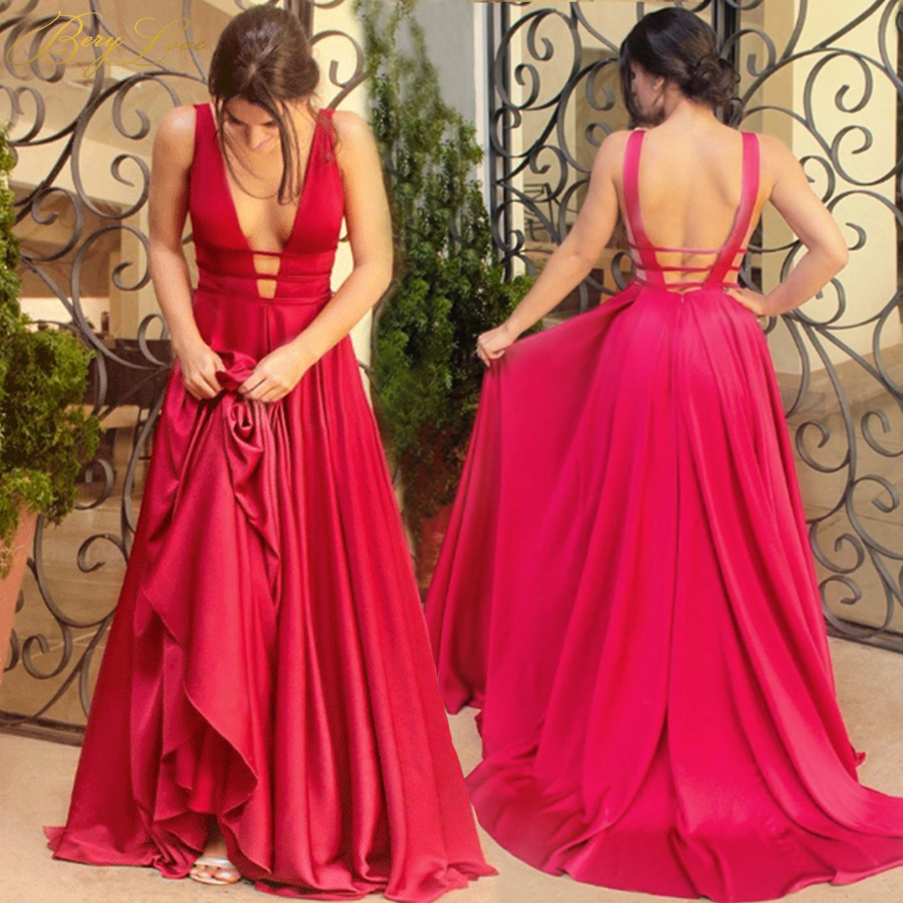 Sexy Red Evening Dresses V Neck Backless Satin Prom Dresses Long Elegant Evening Gown Robe De Soiree Christmas Party Dress Plus