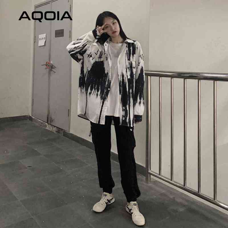 Hip Hop Button Women Blouse Tunic Shirt Tie dye Long Sleeve Oversize Ladies Shirts Summer Turn Down Collar Plus Size Tops 210521