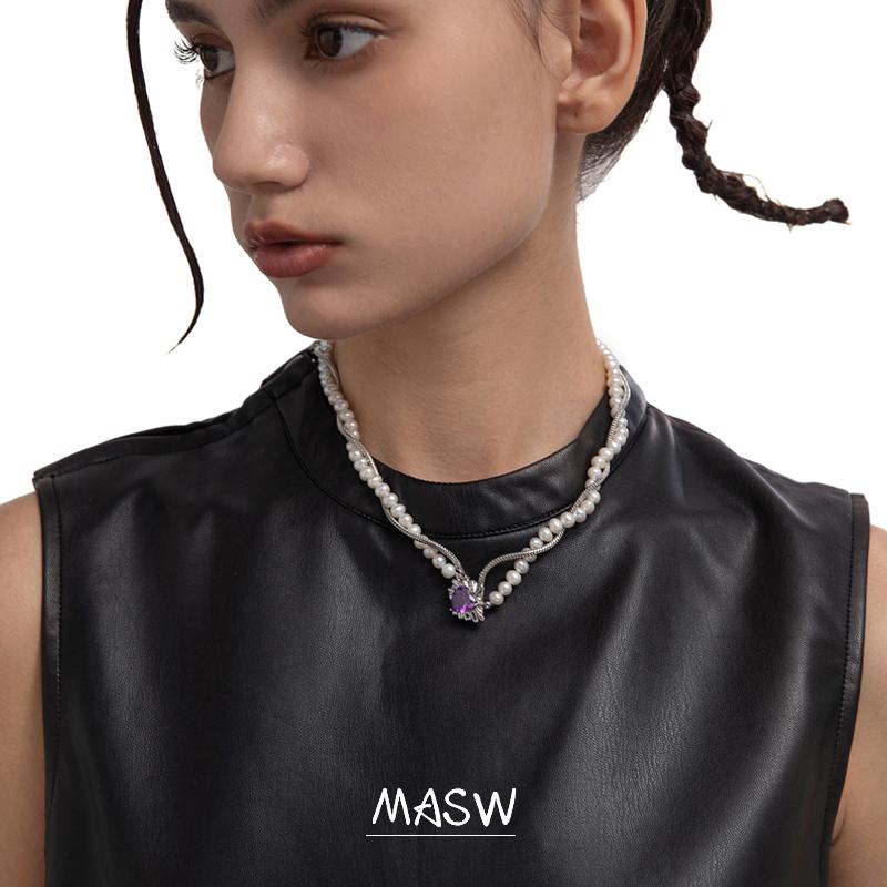 Chains MASW Original Design Natural Freshwater Pearl Necklace Snake Chain Purple Zircon Heart Pendant Women Jewelry Gift, Silver
Chains MASW Original Design Natural Freshwater Pearl Necklace Snake Chain Purple Zircon Heart Pendant Women Jewelry Gift, Silver