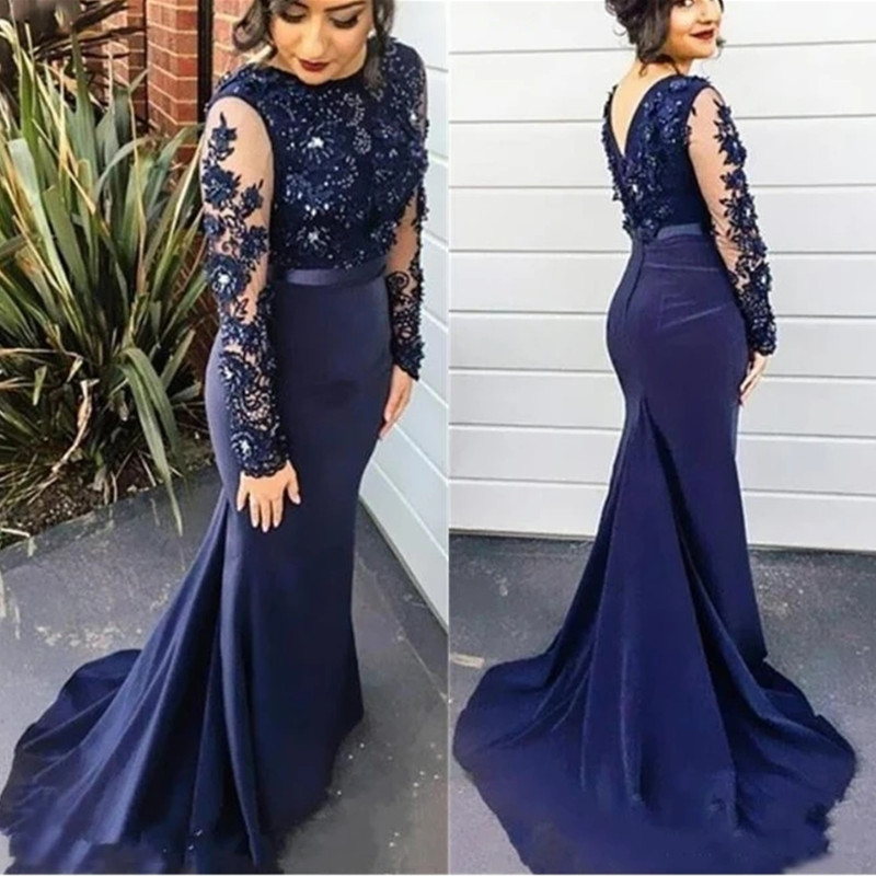 Satin Scoop Neck Evening Dresses With Lace Appliques New Long Sleeves Prom Dress 6660305