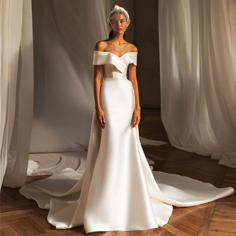 Modest Ivory Mermaid Wedding Dresses Off The Shoulder Neck Bridal Gowns With Detachable Train Satin Custom Made Vestido De Novia 415