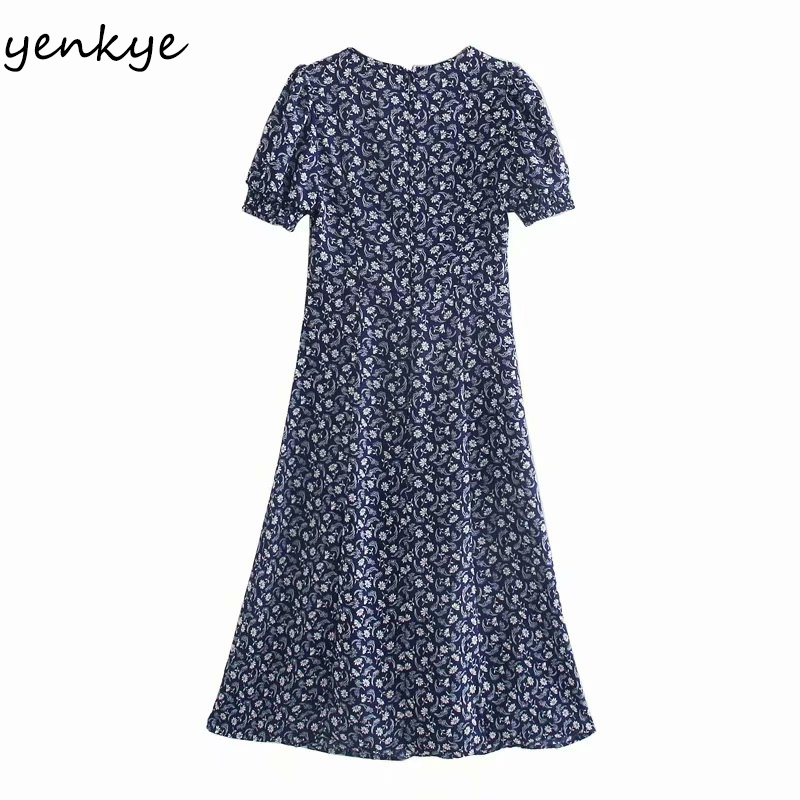 Sweet Women Vintage Floral Print Elegant Dress Female Draped V Neck Short Sleeve Sexy Slits A-line Summer Midi Robe 210430