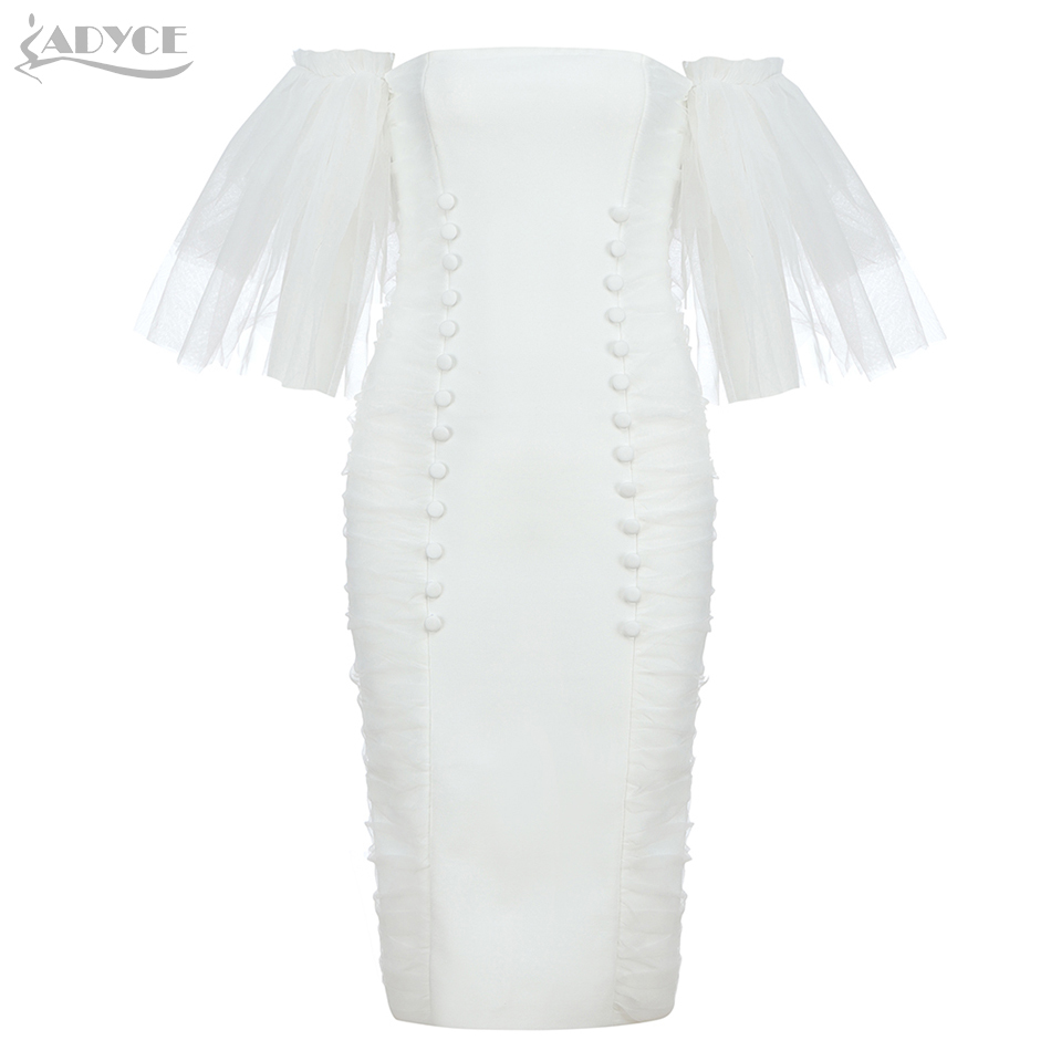 Bandage Dress Women Summer Bodycon Sexy Strapless Mesh Button Evening Party Vestidos 210423