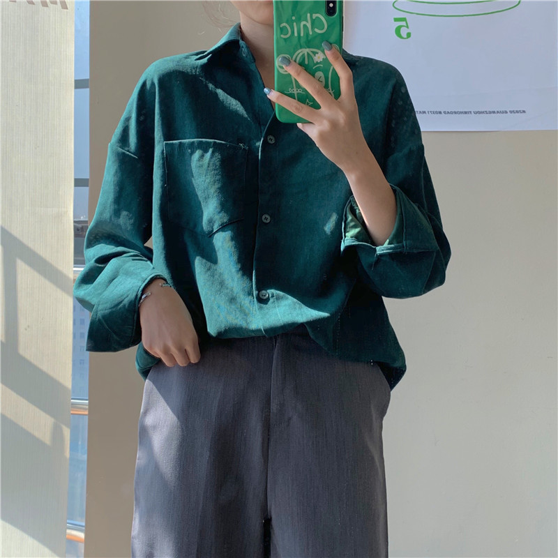 OL Shirt Women Long Sleeve Lapel Loose Fashion Solid Green Tops Casual Blouse Work Shirts Blusas Mujer De Moda 210421