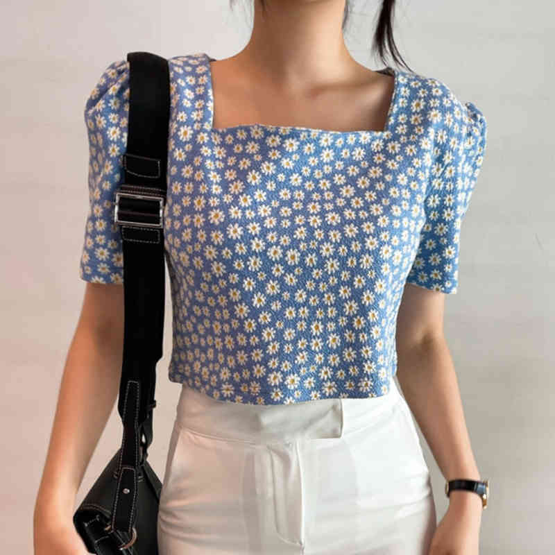 Square Collar Puff Sleeve Shirt Women Korean Chic Floral Daisy Print Crop Top Blouse Summer Casual All Match Blusas 210519