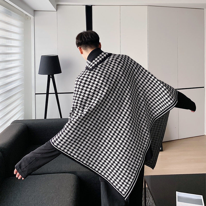 IEFB black white Plaid print Cloak Knit Sweater Men's Fashion Pullover kintwear Tops loose oversized irrgular clothes 9Y4686 210524