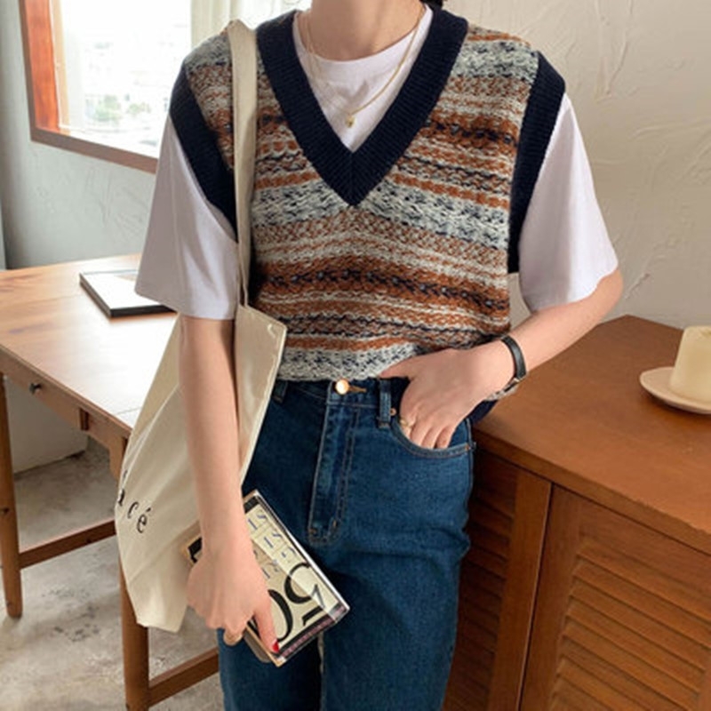 3Colors Spring and Autumn korean style v neck knitted Colorful sleeveless vest sweaters womens pullovers womens (X1747) 210423