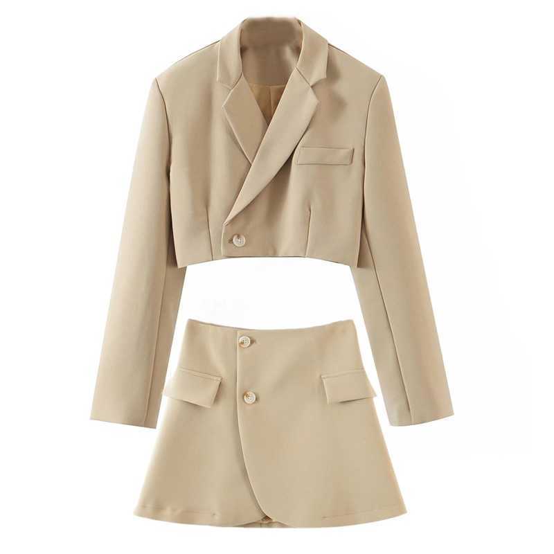 Sexy One Button Short Women Blazer Cropped High Waist Irregular Cross Slit Mini Skirt Long Sleeve Suits 2 Pieces Set Vintage 210708