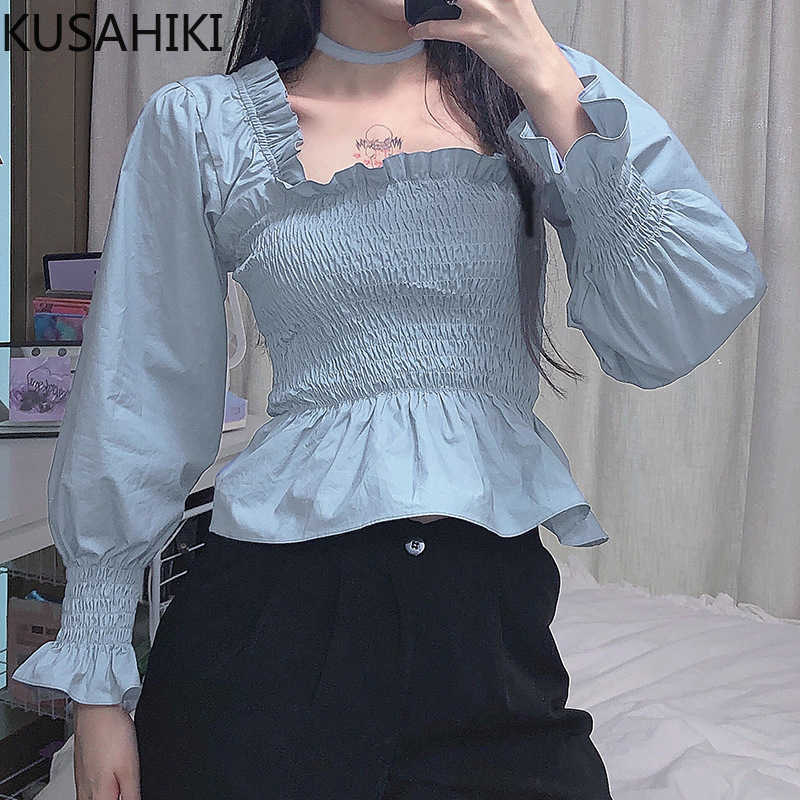 KUSAHIKI Elegant Slim Waist Short Ruffle Blouse Shirt Korean Square Collar Puff Sleeve Women Tops Spring Blusas 6F275 210602, Blue
KUSAHIKI Elegant Slim Waist Short Ruffle Blouse Shirt Korean Square Collar Puff Sleeve Women Tops Spring Blusas 6F275 210602, Blue