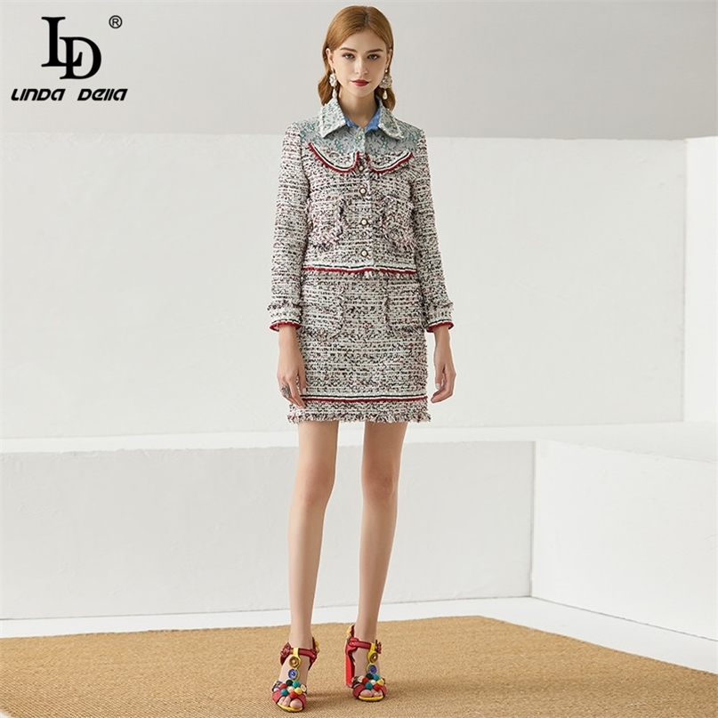 Autumn Tweed 2 Piece Sets Women's Lace Patchwork Slim Long Sleeve Coat and Tassels Short Skirt Suit 210522